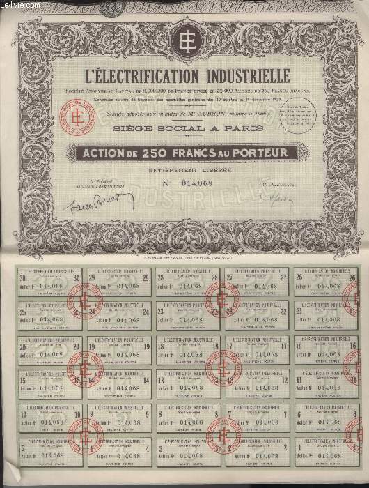 1 ACTION DE 250 FRANCS AU PORTEUR - L'ELECTRIFICATION INDUSTRIELLE