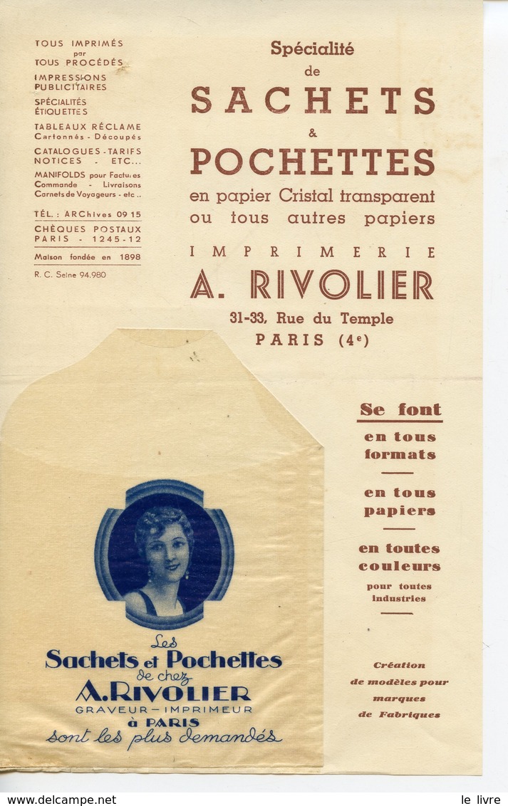 PUBLICITE AVEC ECHANTILLON POCHETTES SACHETS RIVOLIER A PARIS VERS 1930