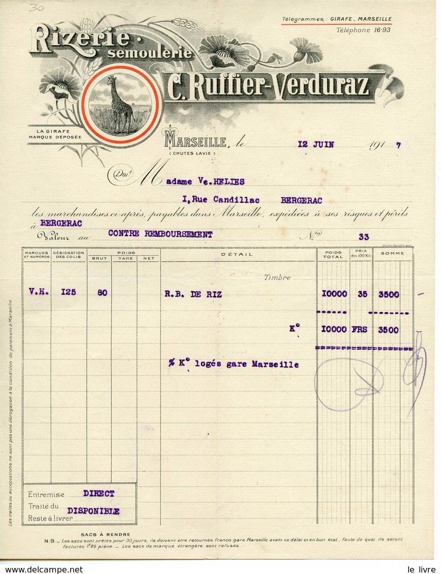 FACTURE RIZERIE SEMOULERIE RUFFIER-VERDURAZ A MARSEILLE 1917 GIRAFE
