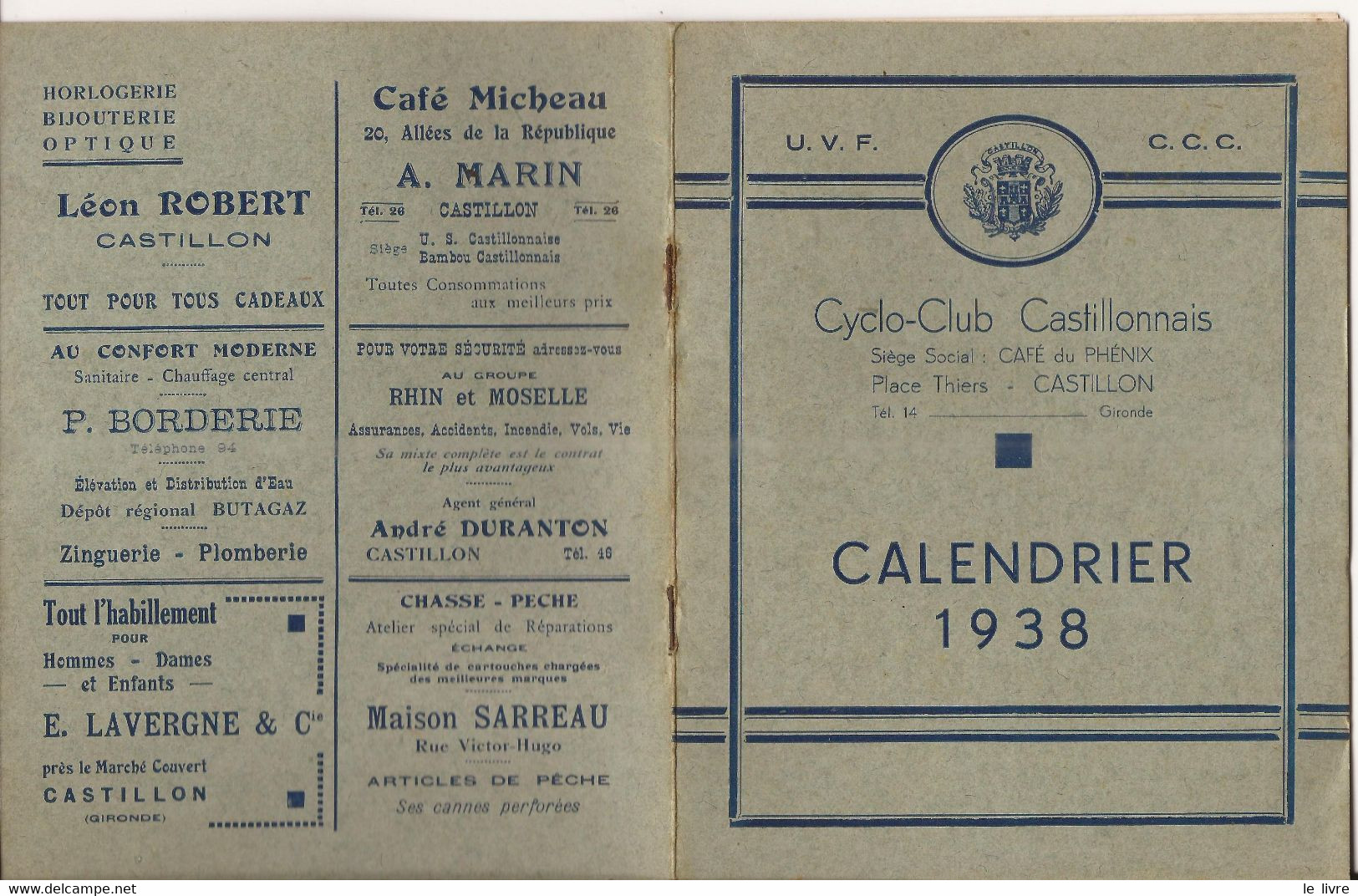 CASTILLON DORDOGNE PROGRAMME CALENDRIER 1938 CYCLO-CLUB CASTILLONNAIS PUBLICITES