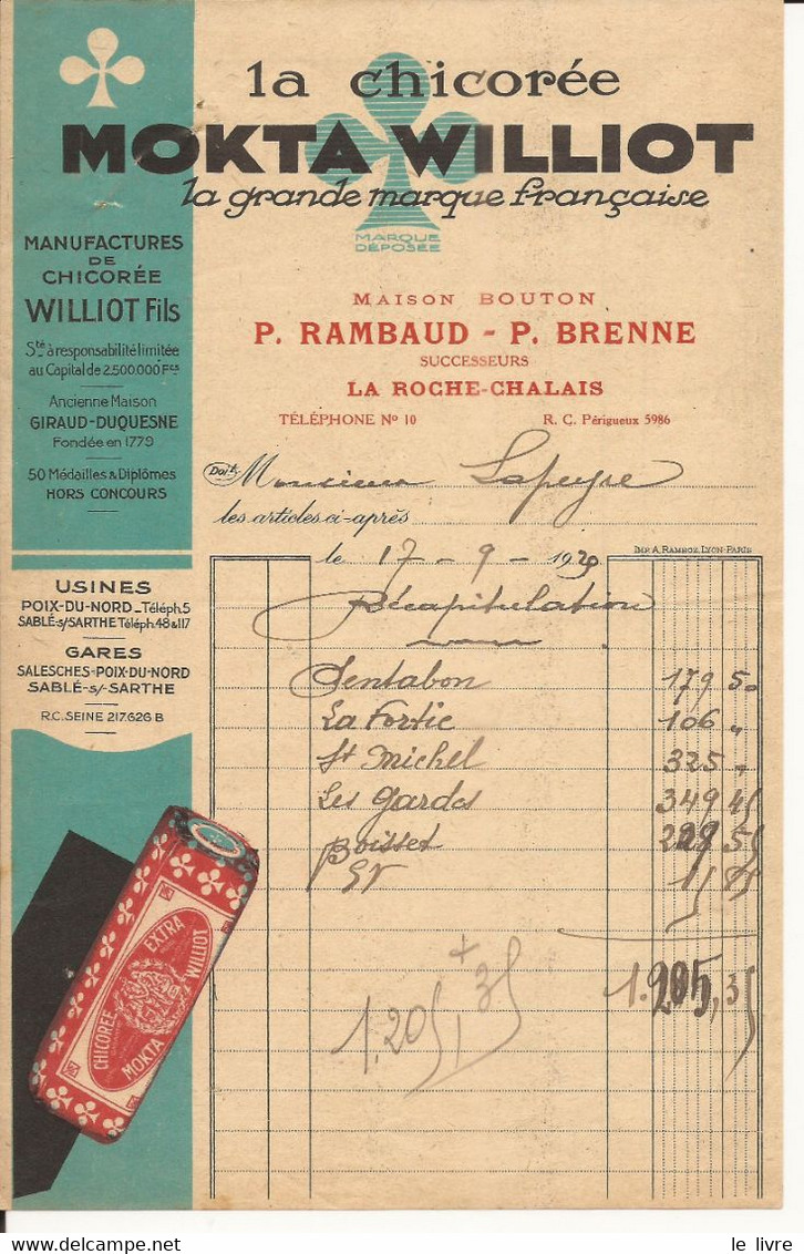LA ROCHE CHALAIS DORDOGNE FACTURETTE RAMBAUD-BRENNE PUBLICITE CHICOREE MOKTA-WILLIOT 1929