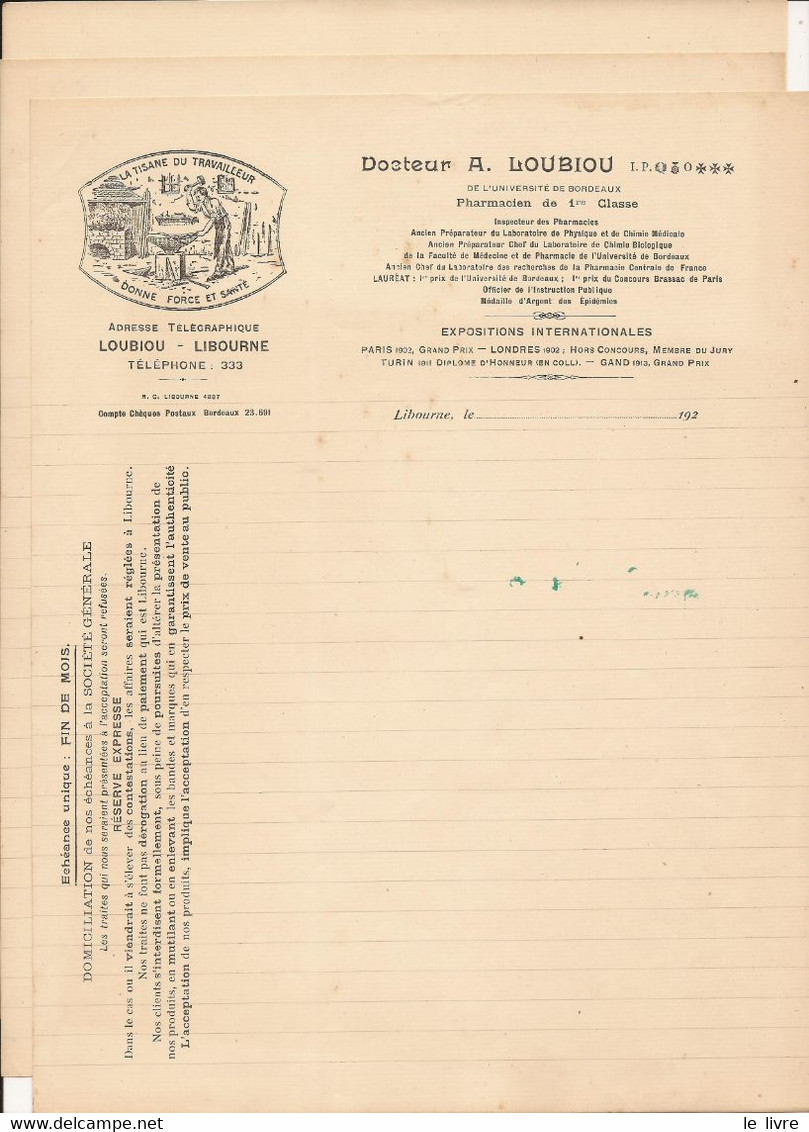 LIBOURNE 33 GIRONDE LOT 3 IMPRIMES A EN-TTE DOCTEUR LOUBIOU PHARMACIE VERS 1920