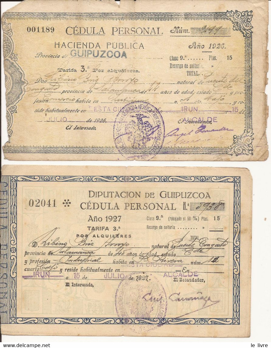 ESPAGNE LOT DE 5 CARTES D'IDENTITE CEDULA PERSONAL GUIPUZCOA 1926 A 1931