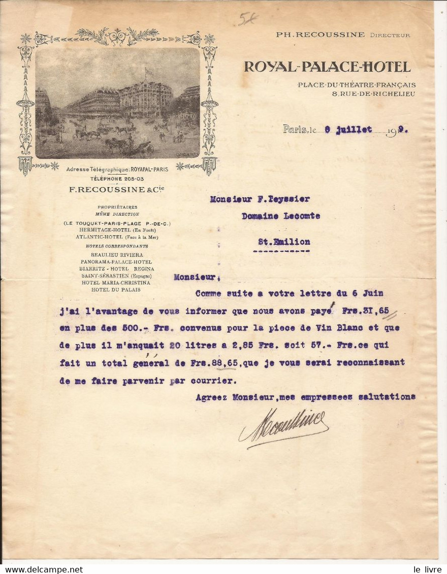 COURRIER COMMERCIAL DU ROYAL-PALACE HOTEL DE PARIS 1919 CONCERNANT COMMANDE VIN A ST EMILION