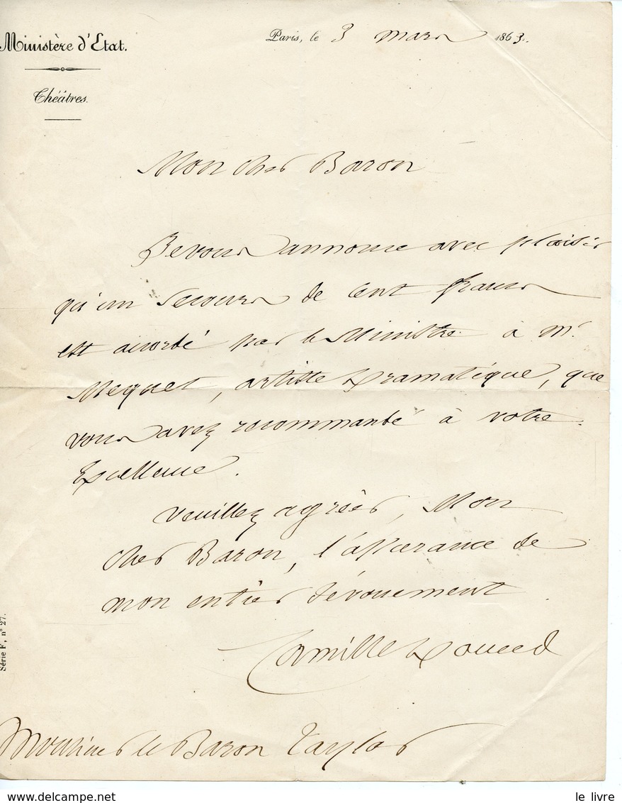 CAMILLE DOUCET ADMINISTRATEUR DES THETRES. LETTRE AU BARON TAYLOR 1869. SECOURS A UN ARTISTE DRAMATIQUE