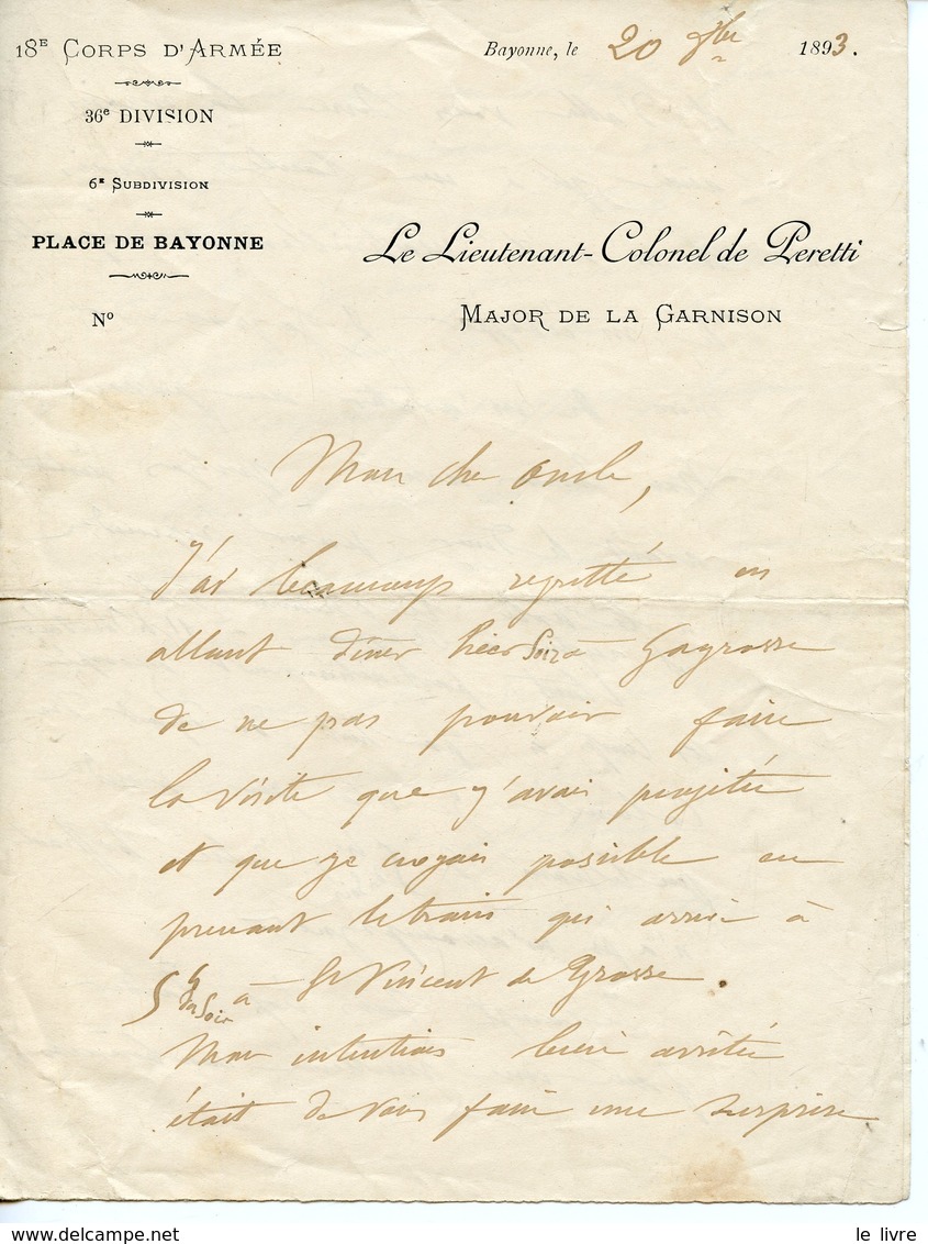 PLACE DE BAYONNE 18 CORPS D'ARMEE 1893. LAS DU LIEUTENANT-COLONEL PERETTI