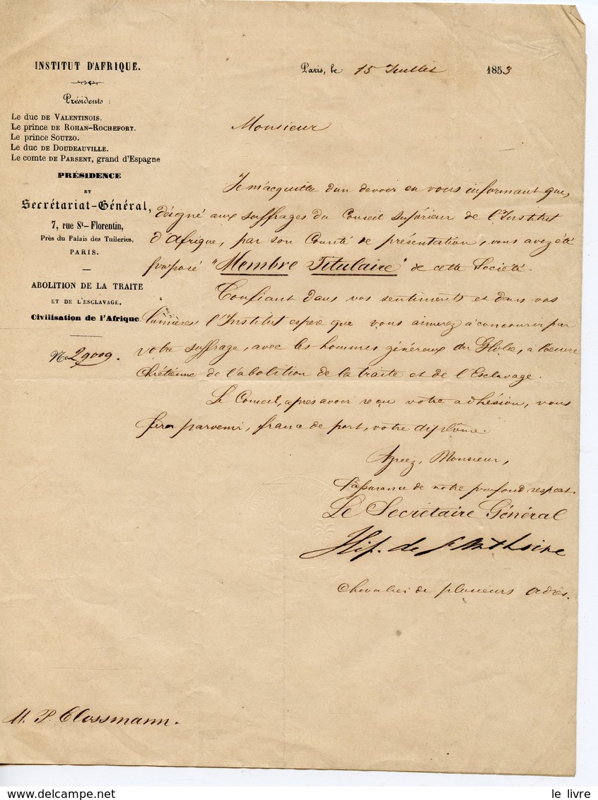 INSTITUT D'AFRIQUE. ABOLITION DE L'ESCLAVAGE. LAS 1853 SIGNEE HIPPOLYTE DE SAINT-ANTHOINE SUR UNE TITULARISATION