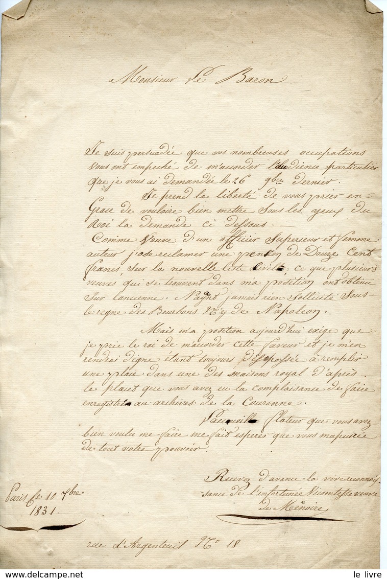 ECRIVAINE VICOMTESSE DE MENOIRE. LAS 1831 DEMANDANT UNE PENSION DU ROI 