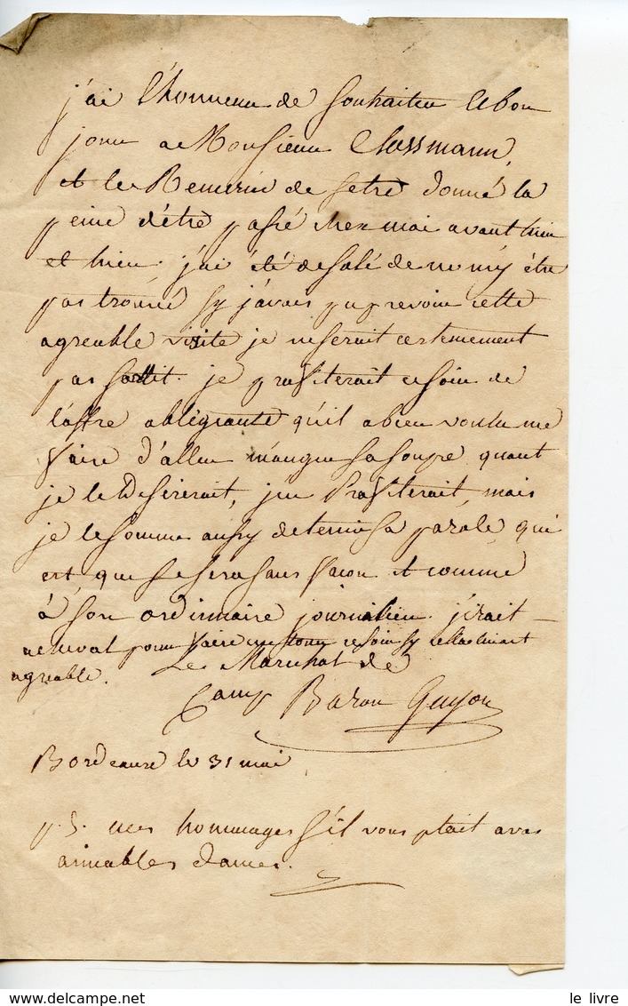 MARECHAL DE CAMP BARON GUYON VERS 1814 LAS ADRESSEE A BORDEAUX AU CONSUL CLOSSMANN DU GRAND DUC DE BADE. CIVILITES