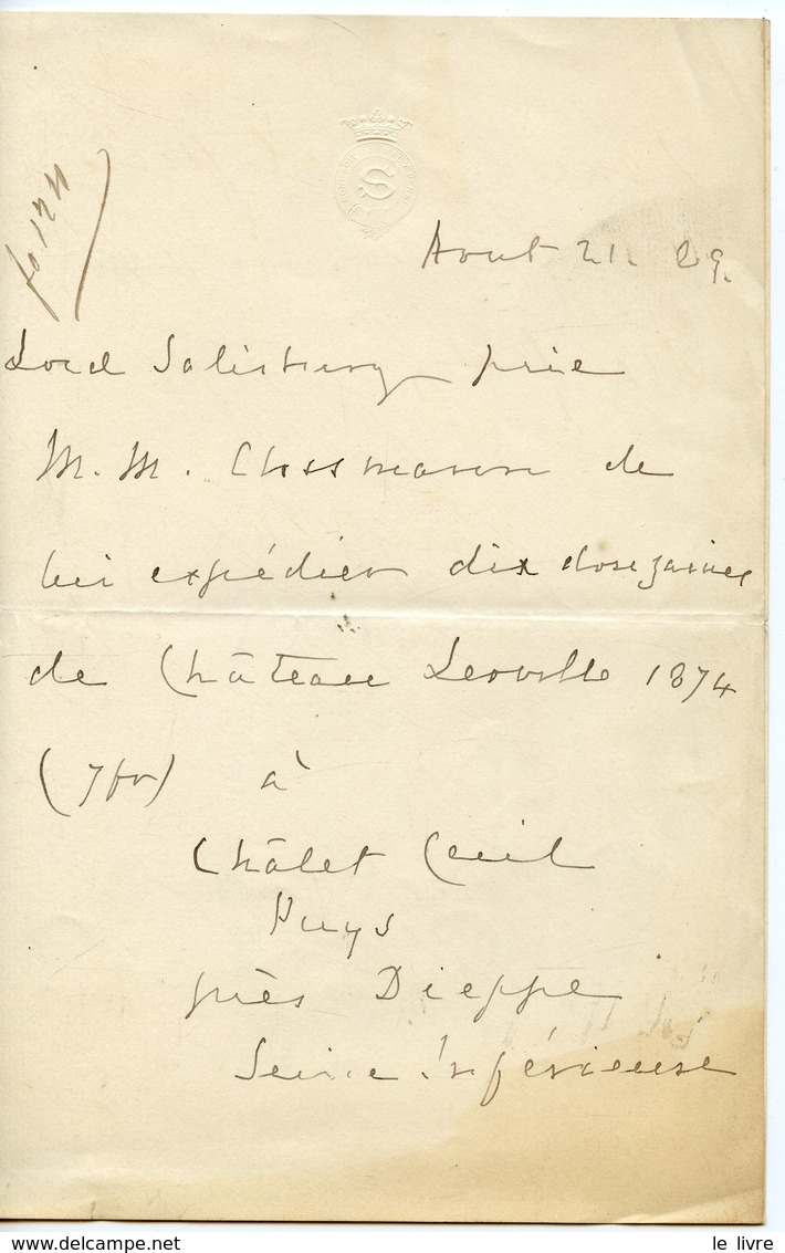 LORD SALISBURY LAS 1889 COMMANDE DE VIN CHATEAU LEOVILLE 1874 AU NEGOCIANT CLOSSMANN A BORDEAUX