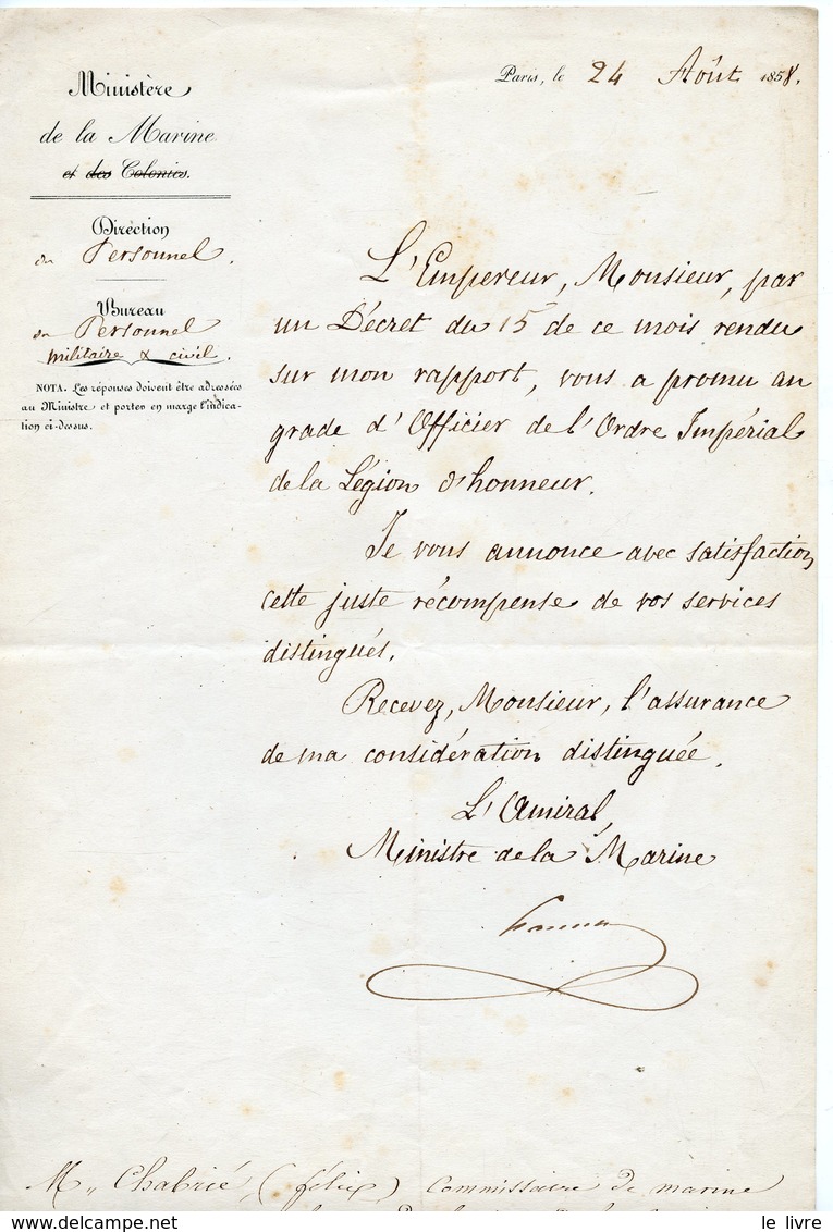 MINISTRE DE LA MARINE. LAS (HAMELIN?) PROMOTION D'OFFICIER DE LA LEGION D'HONNEUR AU COMISSAIRE DE MARINE CHABRIER