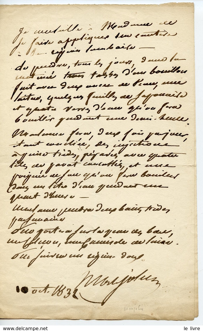 CHIRURGIEN JEAN-NICOLAS MARJOLIN. LAS 1832 PRESCRIVANT A UNE DAME DES BOUILLONS