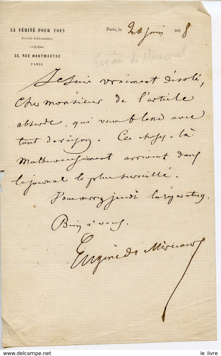 JOURNALISTE ECRIVAIN EUGENE DE MIRECOURT (MIRECOURT 1812-HATI 1880) LAS 1858 EN-TETE JOURNAL 