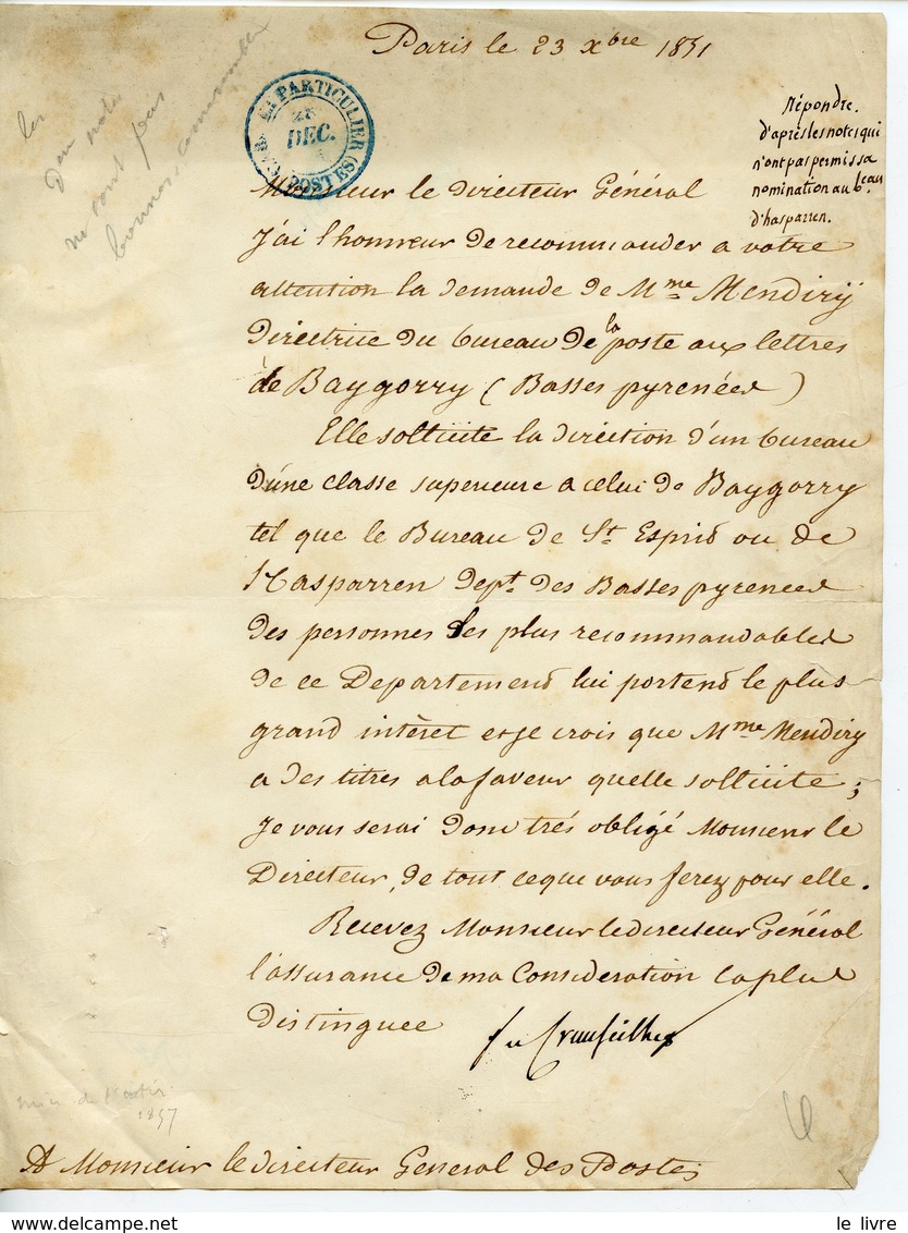 LETTRE 1851 AU DIRECTEUR GENERAL DE LA POSTE MUTATION D'UNE DIRECTRICE DE BAGORRY CACHET CABINET PARTICULIER