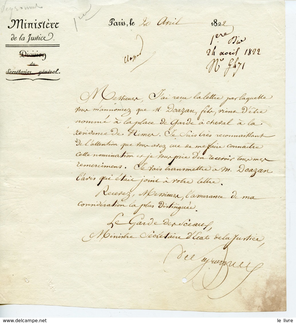 GARDE DES SCEAUX COMTE PIERRE-DENIS DE PEYRONNET (BORDEAUX 1778-ST LOUIS MONTFERRAND 1854) LAS 1822 NOMINATION