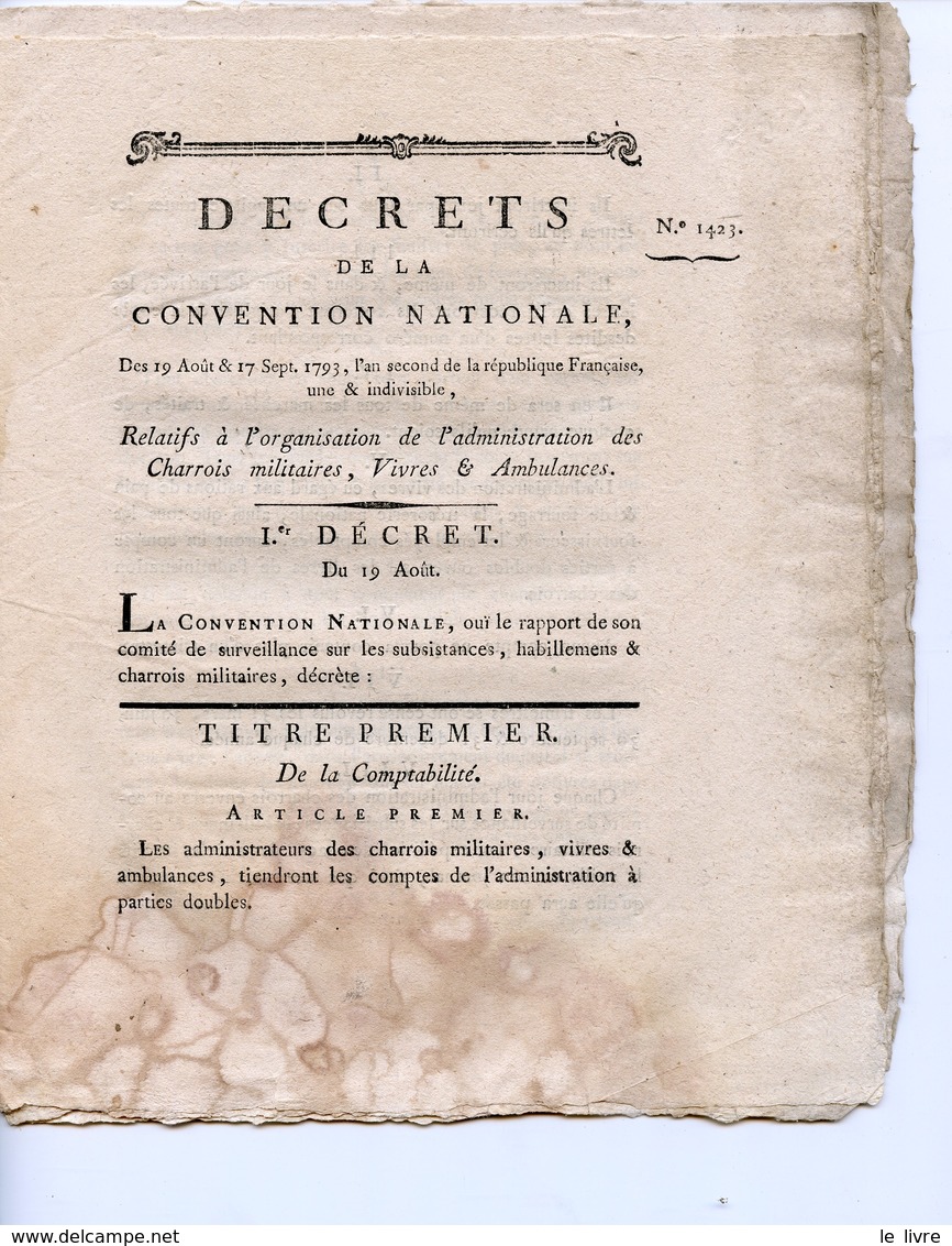 DECRET DE LA CONVENTION NATIONALE 1793 ORGANISATION ET ADMINISTRATION DES CHARROIS MILITAIRES