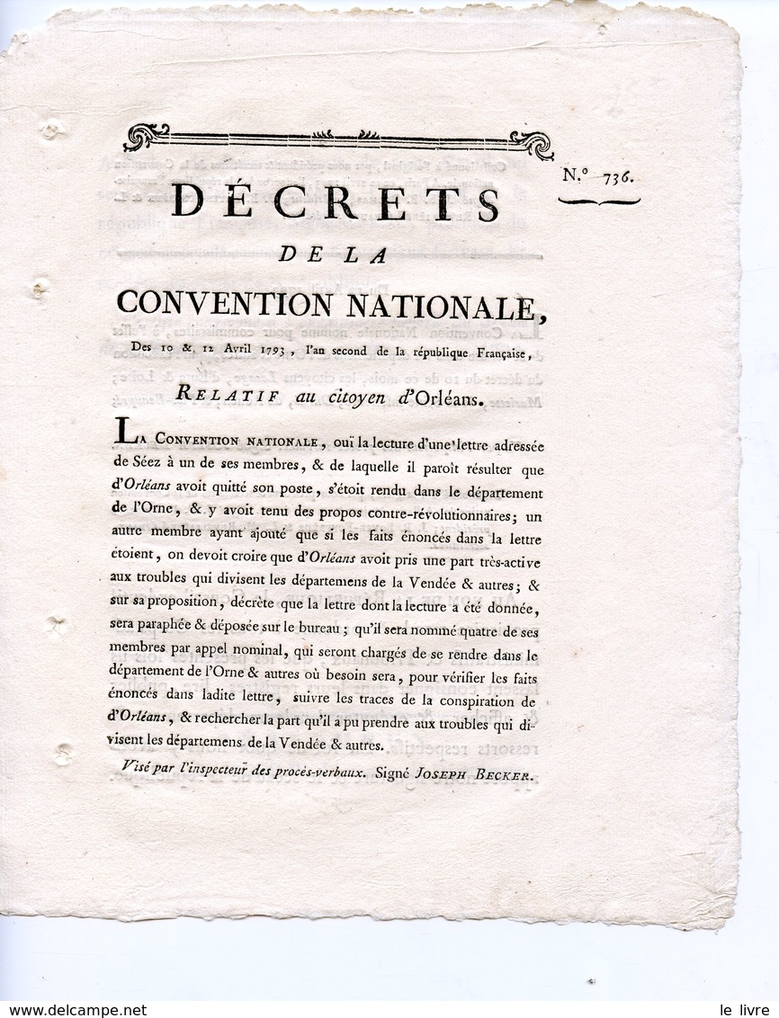 DECRET DE LA CONVENTION NATIONALE 1793 RELATIF AU CITOYEN D'ORLEANS