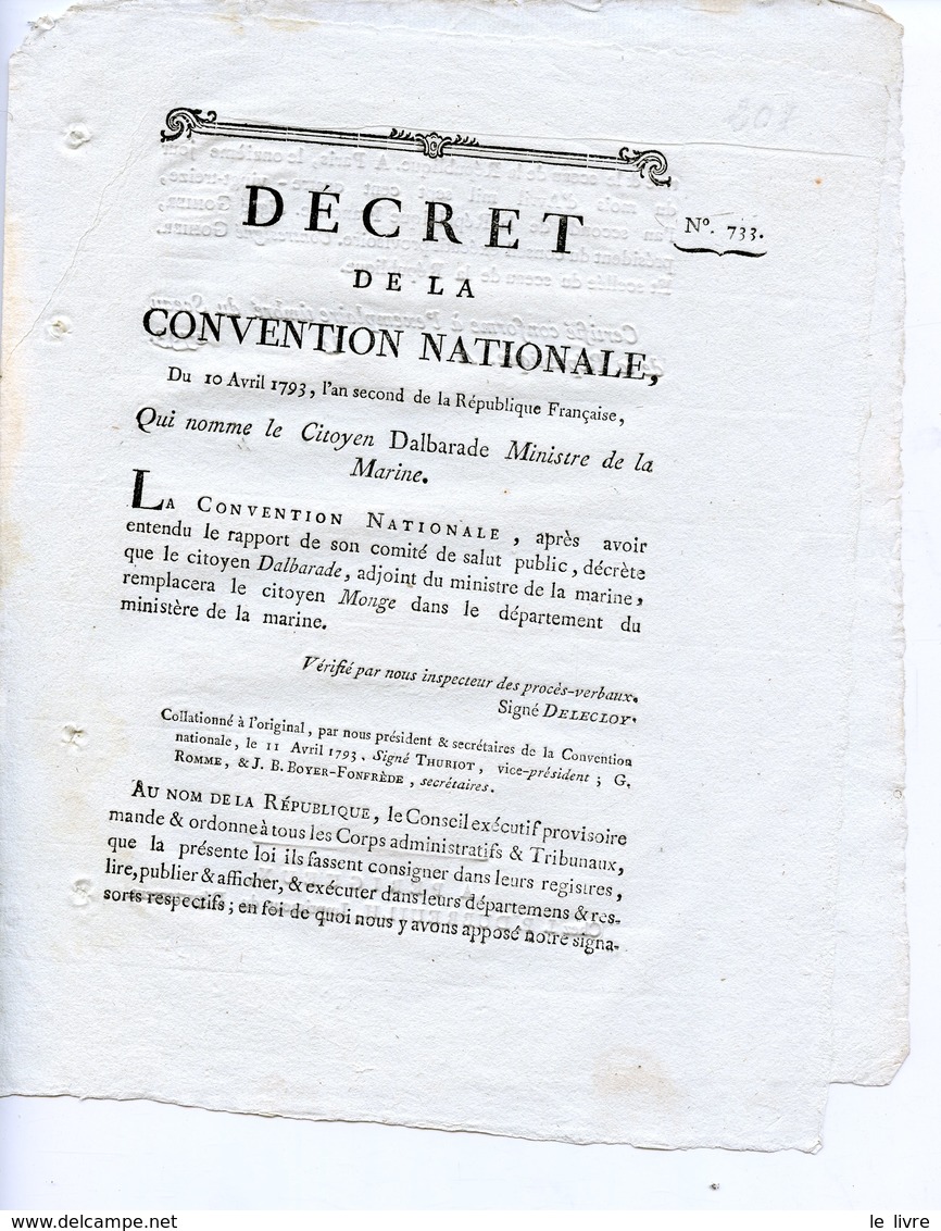 DECRET DE LA CONVENTION NATIONALE 1793 QUI NOMME LE CITOYEN DALBARADE MINISTRE DE LA MARINE
