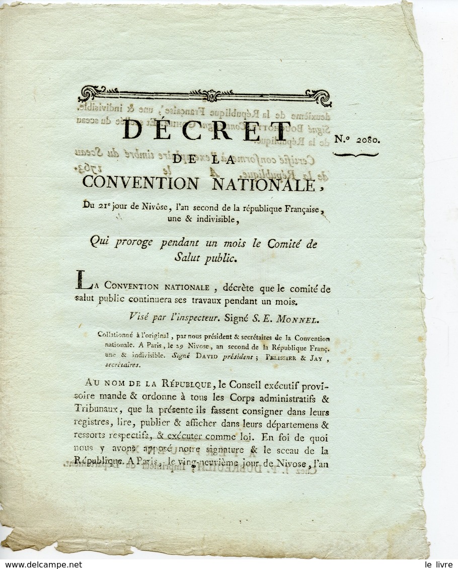 DECRET DE LA CONVENTION NATIONALE 1793 QUI PROROGE PENDANT UN MOIS LE COMITE DE SALUT PUBLIC