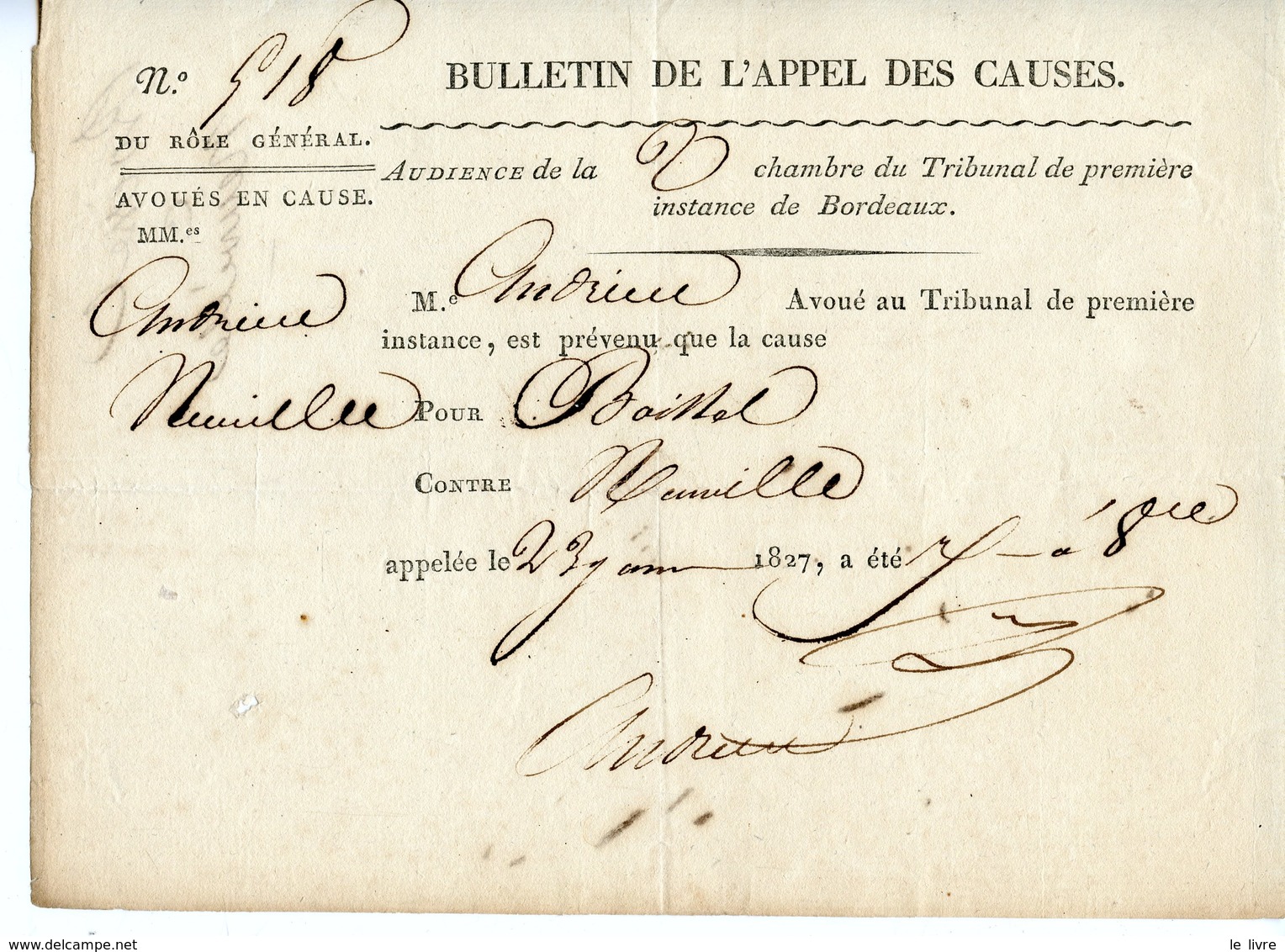 BORDEAUX TRIBUNAL DE PREMIERE INSTANCE 1827 BULLETIN DE L'APPEL DES CAUSES