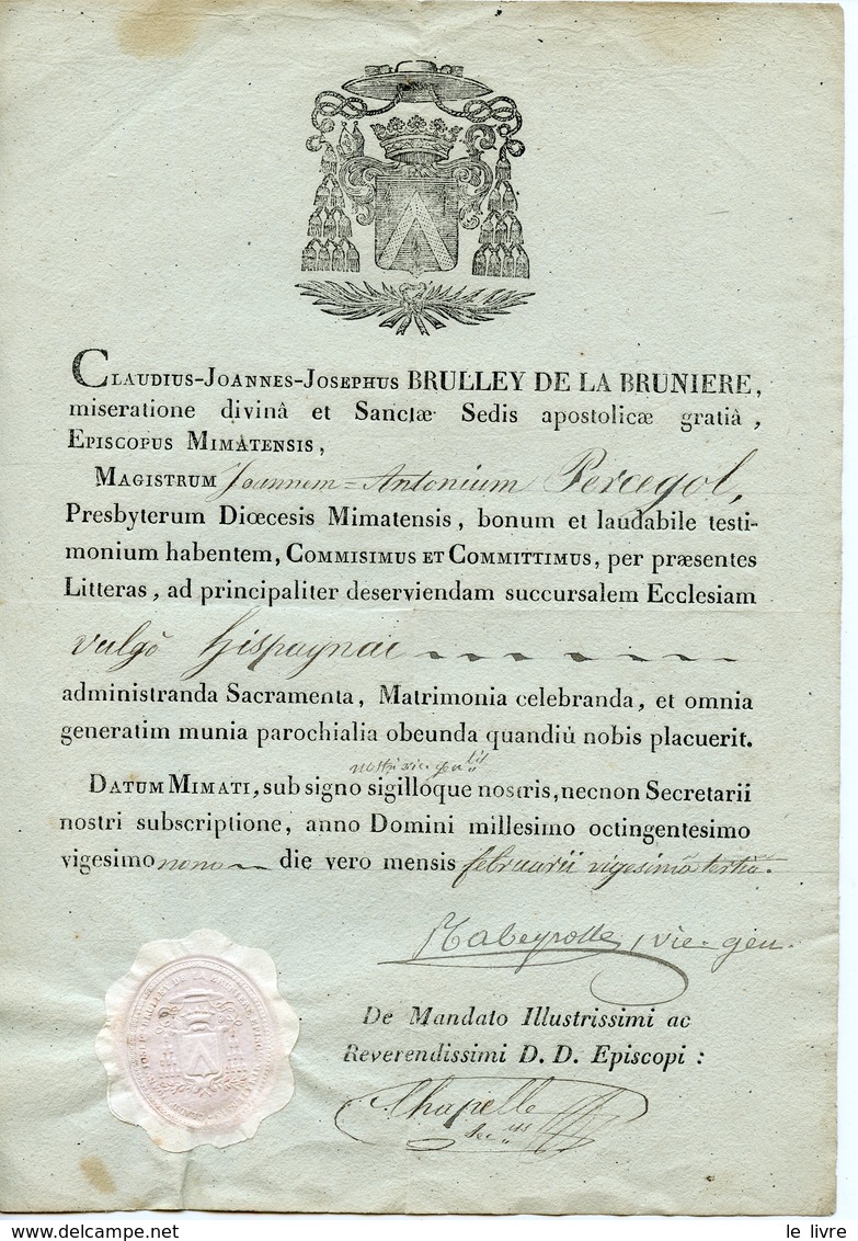 ECCLESIASTIQUE FRANCAIS CLAUDE-JEAN-JOSEPH BRULLEY DE LA BRUNIERE (SEZANNE 1760-MENDE 1848) DOCUMENT AVEC ARMOIRIES