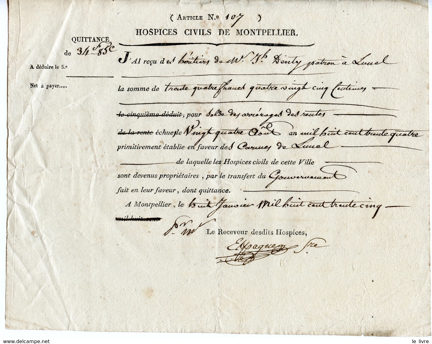 QUITTANCE DES HOSPICES CIVILS DE MONTPELLIER 1835