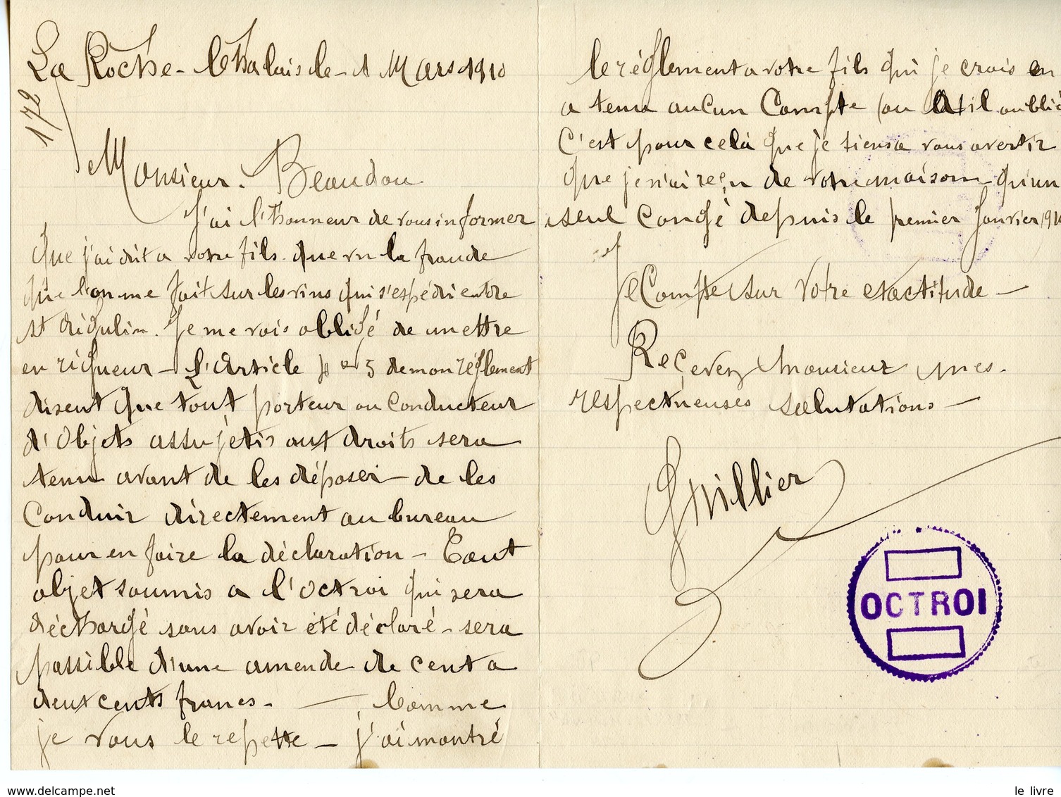 CONCERNE BAUDOU LES EGLISOTTES 33. LETTRE DE RECLAMATION DE L'OCTROI DE LA-ROCHE-CHALAIS 1910 AVEC CACHET