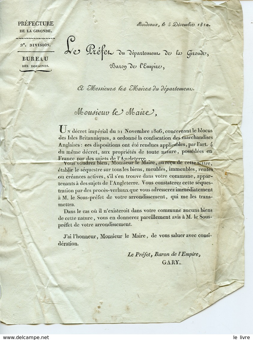 CIRCULAIRE DU PREFET DE GIRONDE 1810 SUITE AU BLOCUS DES ILES BRITANNIQUES CONFISCATION DES MARCHANDISES ANGLAISES