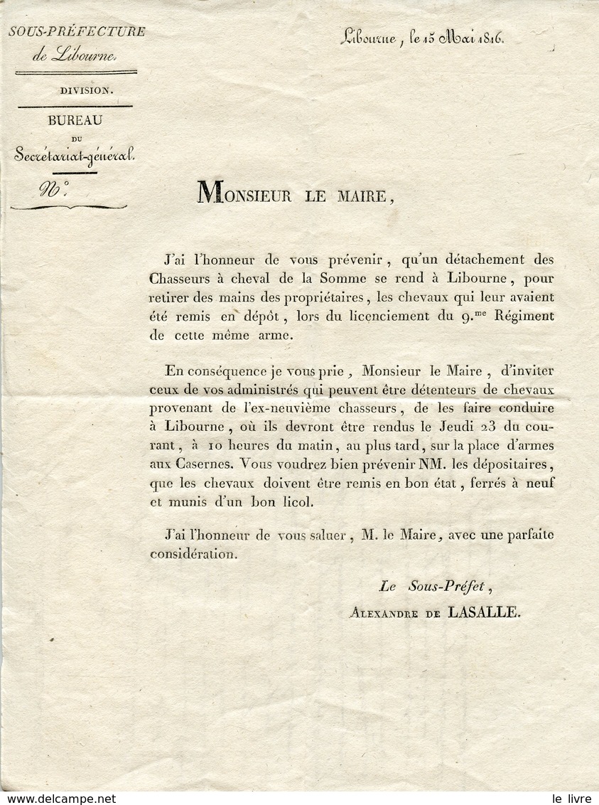 GIRONDE 33 CIRCULAIRE DU SOUS-PREFET DE LIBOURNE 1816 REMISE DE CHEVAUX AU 9 REGIMENT DE CHASSEURS A CHEVAL SOMME