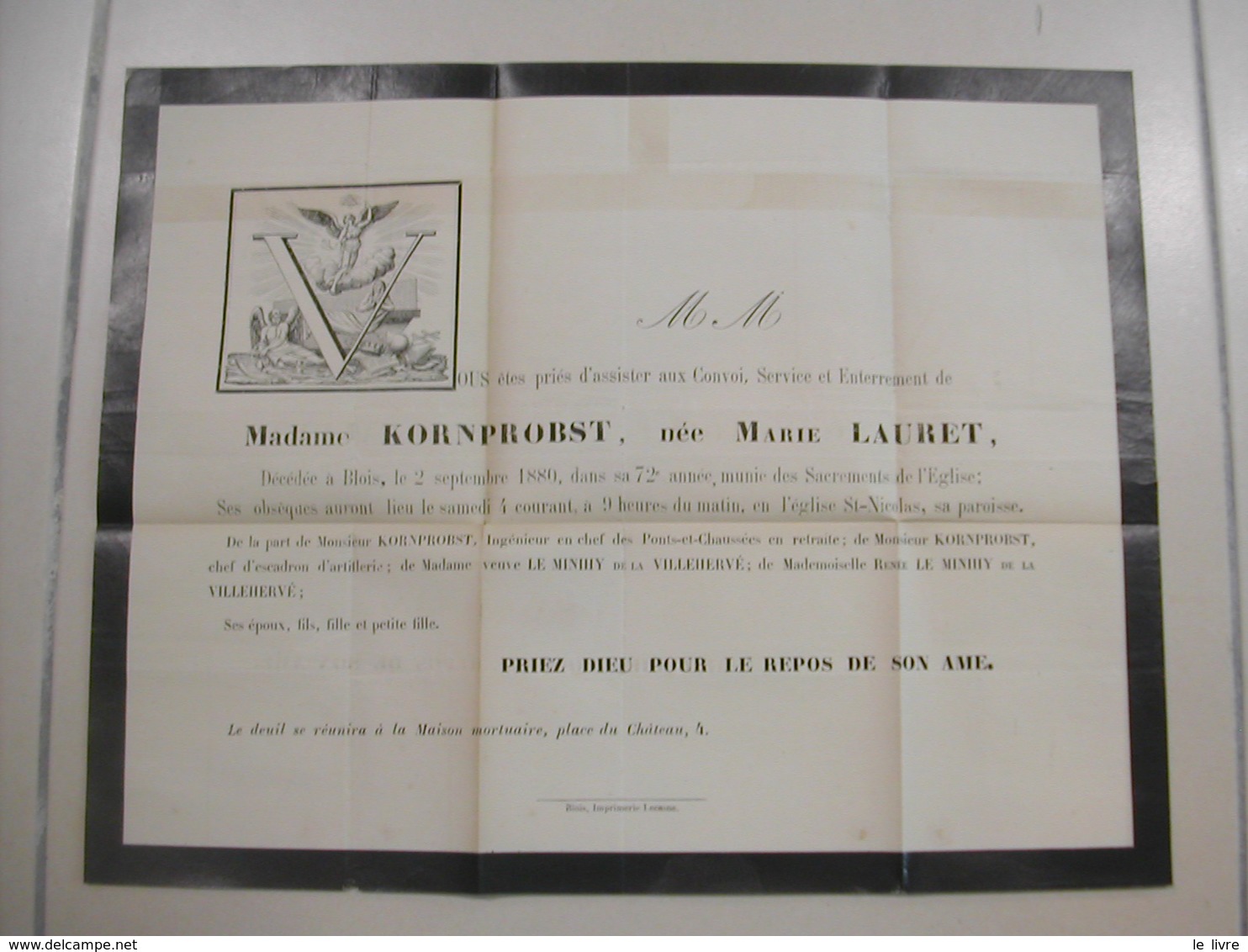 BLOIS 1880 AFFICHE FAIRE-PART DECES Mme KORNPROBST NEE LAURET PAR LE MINIHY ET VILLEHERVE