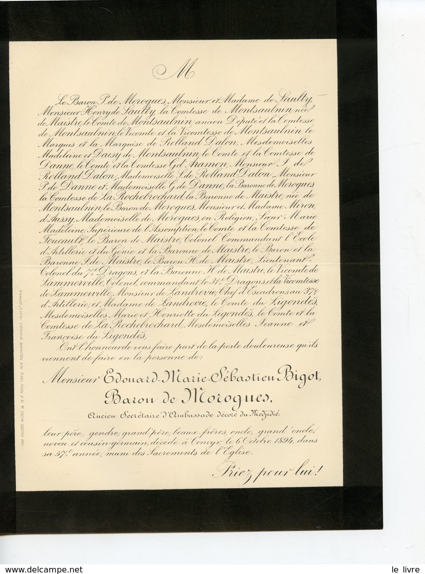 ORLEANS 45 CONCYR FAIRE-PART DE DECES DE E.M.S. BIGOT BARON DE MOROGUES 1894