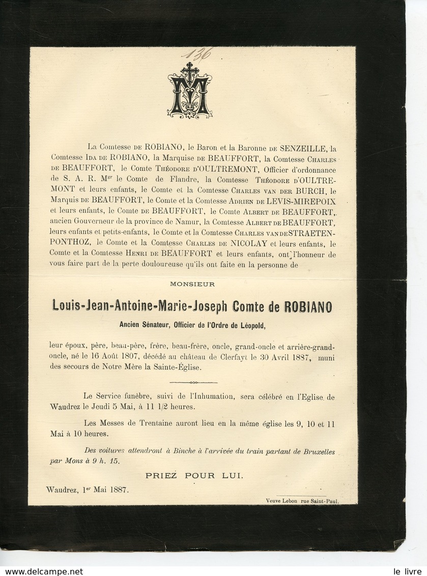 BRUXELLES CHATEAU DEE CLERFAYT FAIRE-PART DE DECES DE LOUIS JEAN ANTOINE MARIE JOSEPH COMTE DE ROBIANO 1887