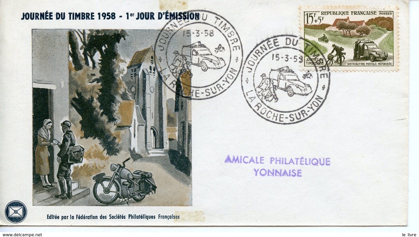 ENVELOPPE PREMIER JOUR JOURNEE DU TIMBRE 1958 LA-ROCHE-SUR-YON DISTRIBUTION MOTORISEE