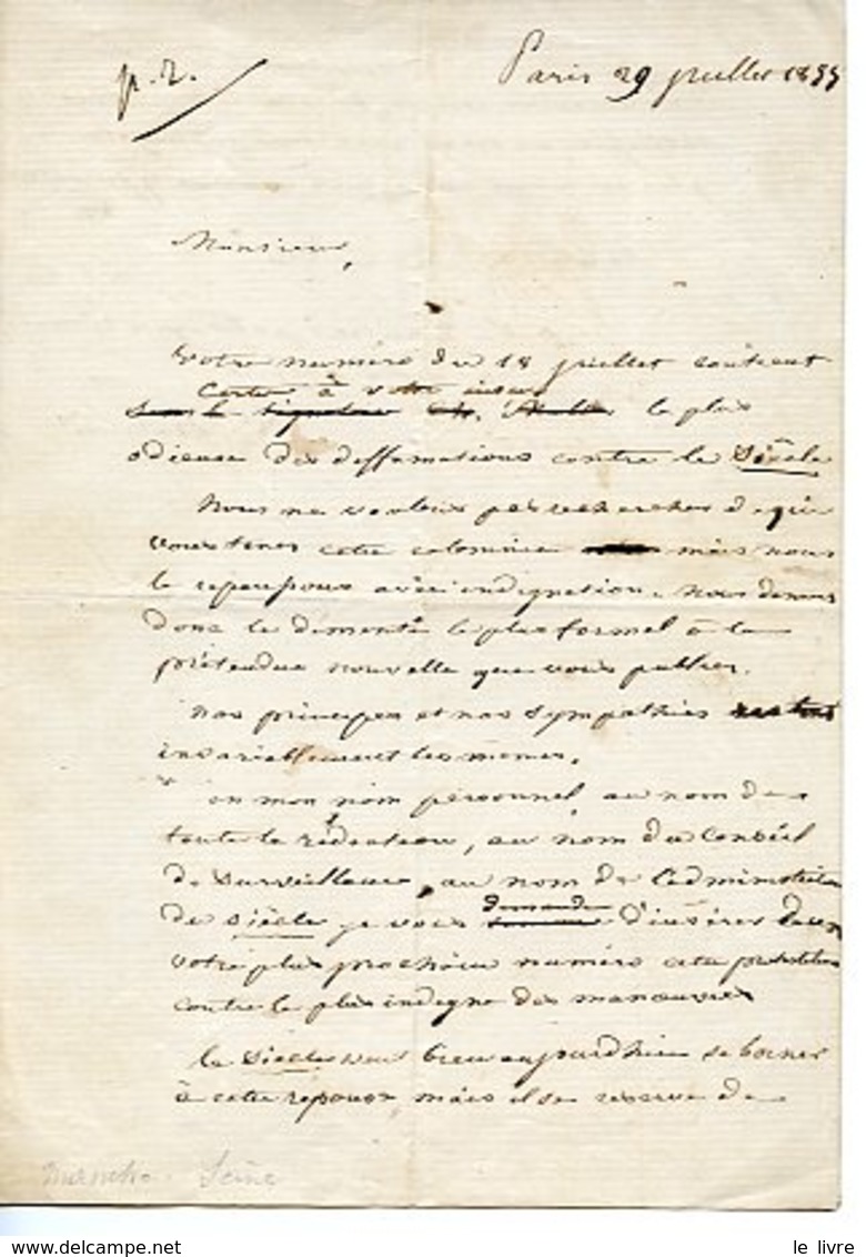 JOURNAL LE SIECLE. LAS DU DIRECTEUR POLITIQUE REDACTEUR EN CHEF (1855 ? LEONOR HAVIN ?)