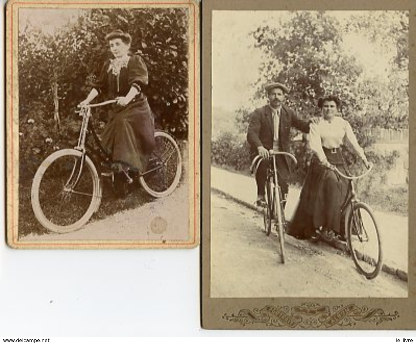 LOT 2 PHOTOS PAPIER SUR CARTON FORT VERS 1900 CYCLISTES VELOS BICYCLETTES