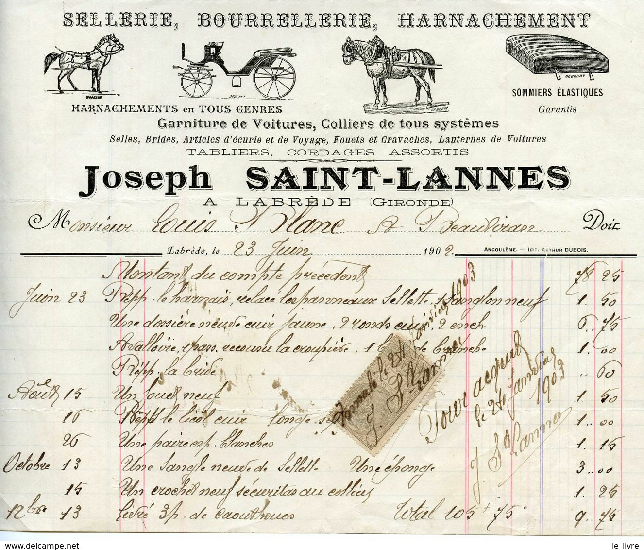 FACTURE SELLERIE BOURRELLERIE HARNACHEMENT JOSEPH SAINT-LANNES A LABREDE GIRONDE 1902