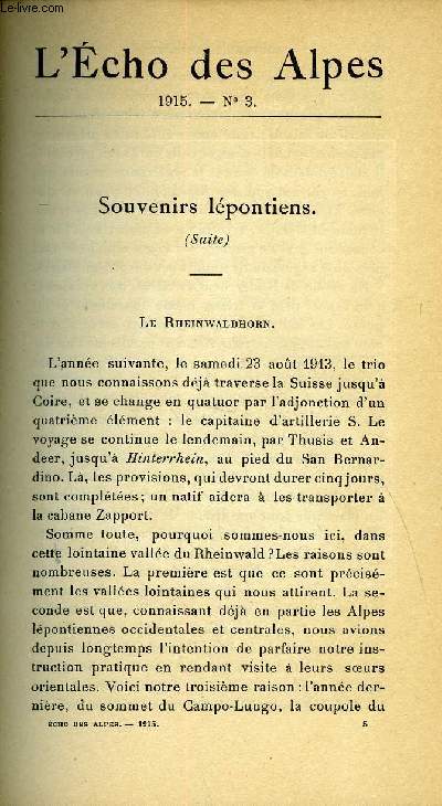 L'ECHO DES ALPES - PUBLICATION DES SECTIONS ROMANDES DU CLUB ALPIN SUISSE N3 - SOUVENIRS LEPONTIENS (SUITE) PAR F. MONTANDON, LES PIEDS 