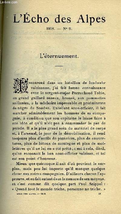 L'ECHO DES ALPES - PUBLICATION DES SECTIONS ROMANDES DU CLUB ALPIN SUISSE N9 - L'ETERNUEMENT PAR RENE D. JEANDRE, VISION ET ORIENTATION PAR ED. VITTOZ, LA TOUR DU MONT-BLANC EN 1842 PAR LE Dr M. ROCH, LES RATS DES ALPES