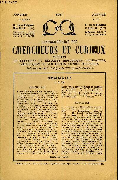 L'INTERMEDIAIRE DES CHERCHEURS ET CURIEUX N 238 - QUESTIONS 1: Les Grecs dans la rgion d'Arcachon ? -2: Martin de Gallardon - 3 : Des Savoisiensen Algrie en 1830 - 3 : Noms anciens de l'Amrique - 3 :Chartreuse d'Auray -
