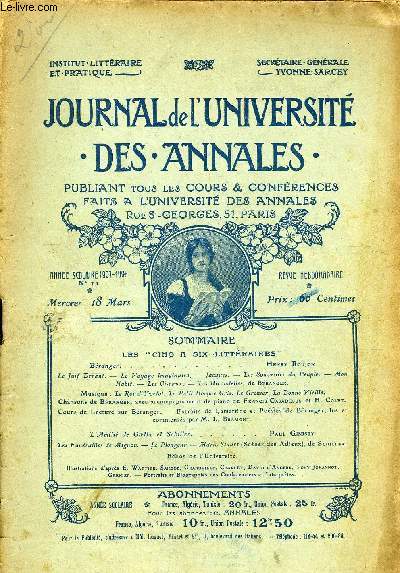 JOURNAL DE L'UNIVERSITE DES ANNALES ANNEE SCOLAIRE 1907-1908 N11 - 'Branger. .........Henry KoujonTe Juif 