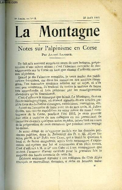 LA MONTAGNE 7e ANNEE N8 - Notes sur l'alpinisme en Corse par Andr Lejosne, La protection des eaux potables par E. A. Martel