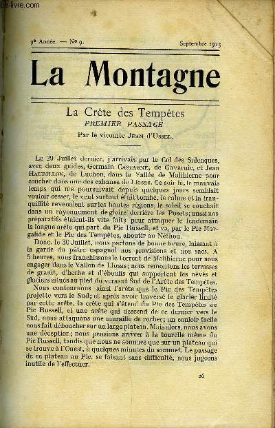LA MONTAGNE 9e ANNEE N9 - La Crte des Temptes - Premier passage par le vicomte Jean d'Ussel, Voyage en Islande par Ch. Halphen