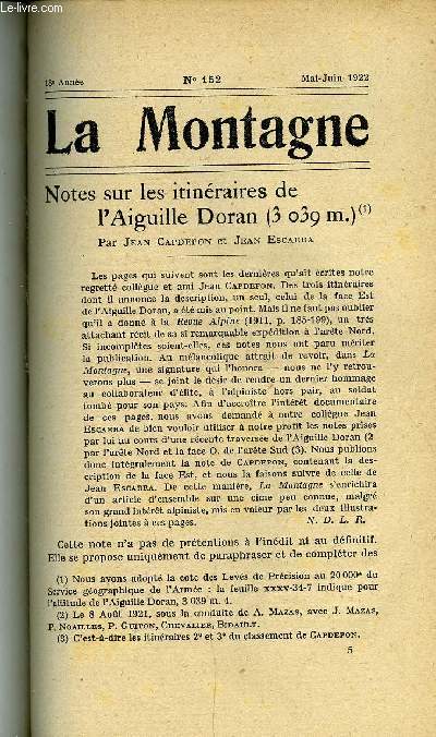 LA MONTAGNE 18e ANNEE N152 - Notes sur les itinraires de l'Aiguille Doran par Jean Capdepon et Jean Escarra, Chronique Alpine