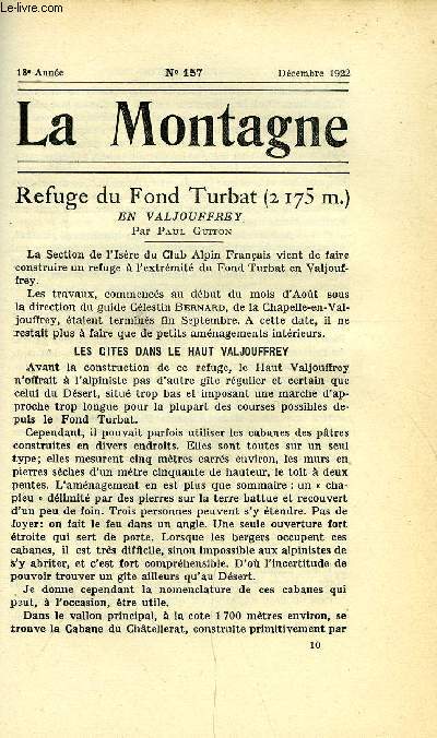 LA MONTAGNE 18e ANNEE N157 - Refuge du Fond Turbat en Valjouffrey par Paul Guiton, Les Dents de Lanfon par R. Richard