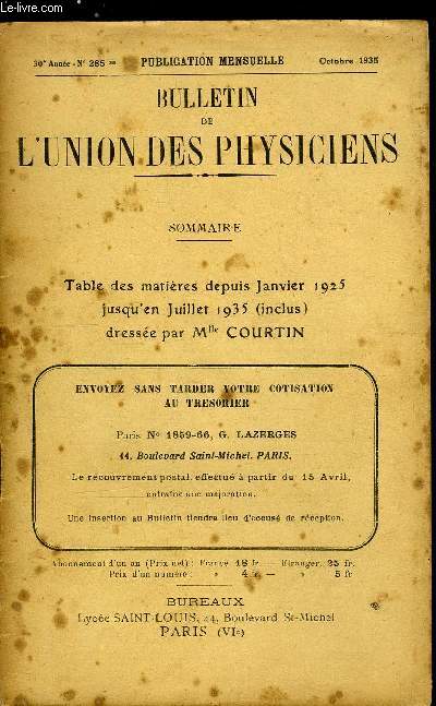 Bulletin de l'union des physiciens n 285 bis - Table des matires depuis Janvier 1925 jusqu'en Juillet 1935 (inclus) dresse par Mlle Courtin