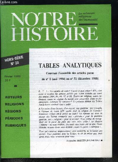 Notre histoire hors srie n 20 - Tables analytiques couvrant l'ensemble des articles parus du n1 (mai 1984) au n 51 (dcembre 1988)
