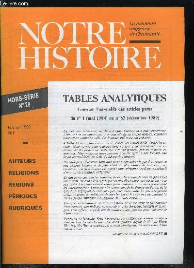 Notre histoire hors srie n 29 - Tables analytiques couvrant l'ensemble des articles parus du n 1 (mai 1984) au n 62 (dcembre 1989)