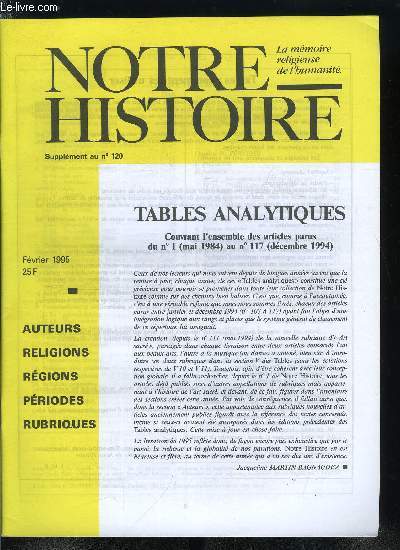 Notre histoire hors srie n 51 - Tables analytiques couvrant l'ensemble des articles parus du n 1 (mai 1984) au n 117 (dcembre 1994)