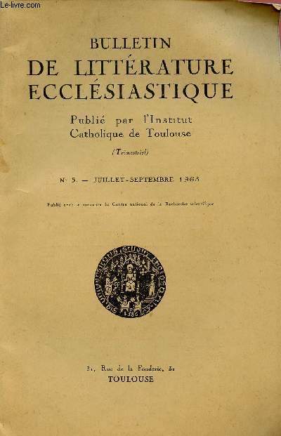 BULLETIN DE LITTERATURE ECCLESIASTIQUE N 3 - JUI/SEPT 65