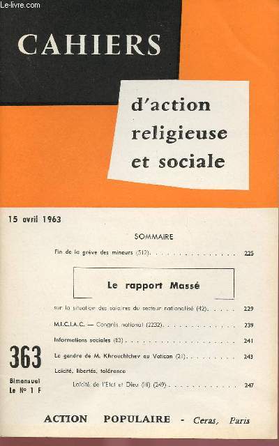 CAHIERS D'ACTION RELIGIEUSE ET SOCIALE N363 - 15 AVRIL 63 : LE RAPPORT MASSE